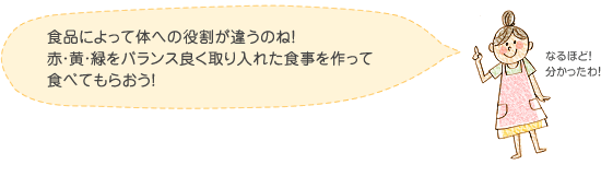 食品によって体への役割が違うのね！赤・黄・緑をバランス良く取り入れた食事を作って食べてもらおう！　なるほど！分かったわ！