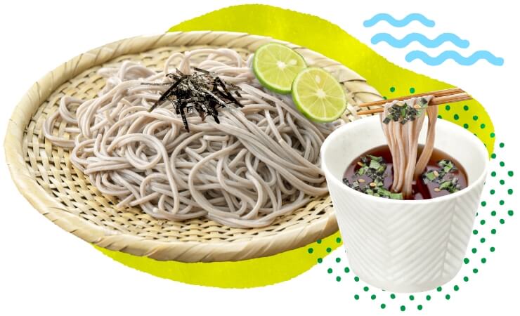 やくみわさび風味をめんつゆに入れたざるそばのイメージ